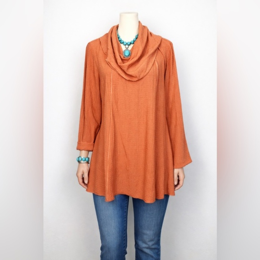 Ali Miles Lagenlook Crinkle Tunic Top Cowl Neck Salmon Orange Color Size 2X